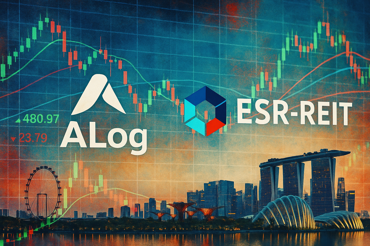 ALog and ESR-Reit logos over stock charts and Singapore skyline, symbolizing merger updates and valuation changes