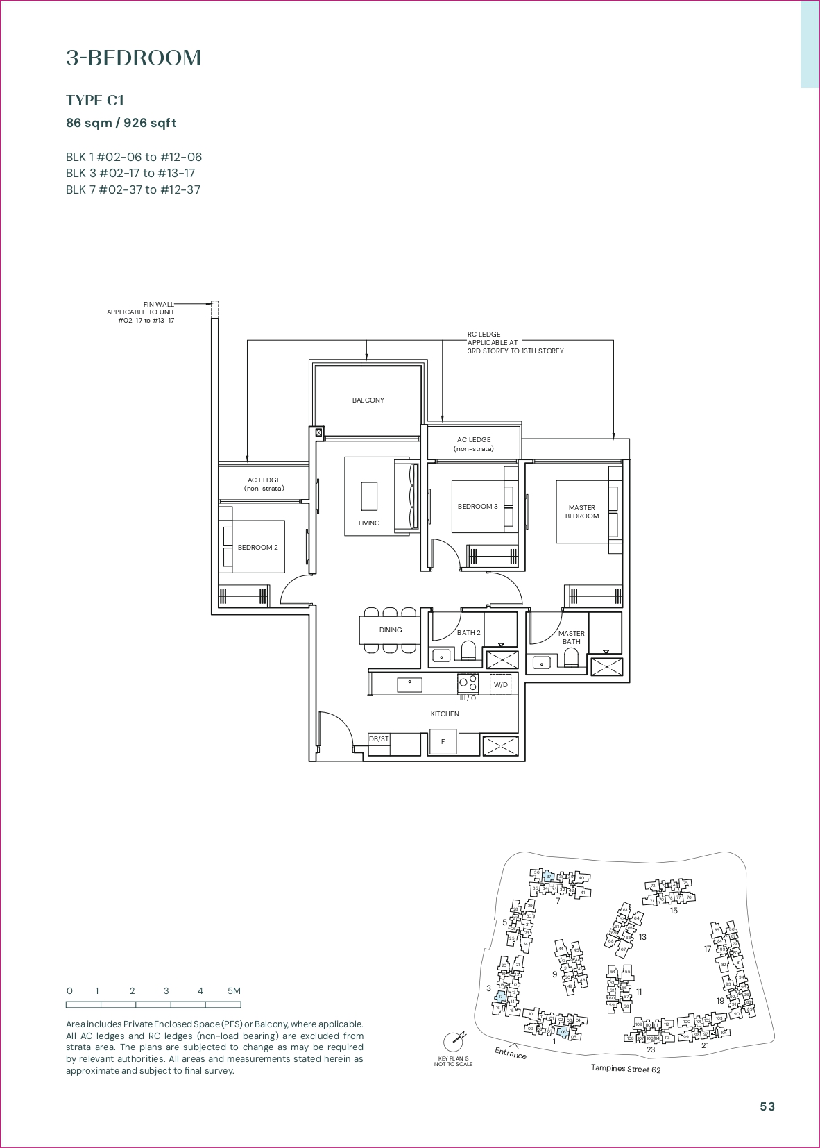 Parktown Residence 3-Bedroom Floor Plan - 926 to 947 sqft