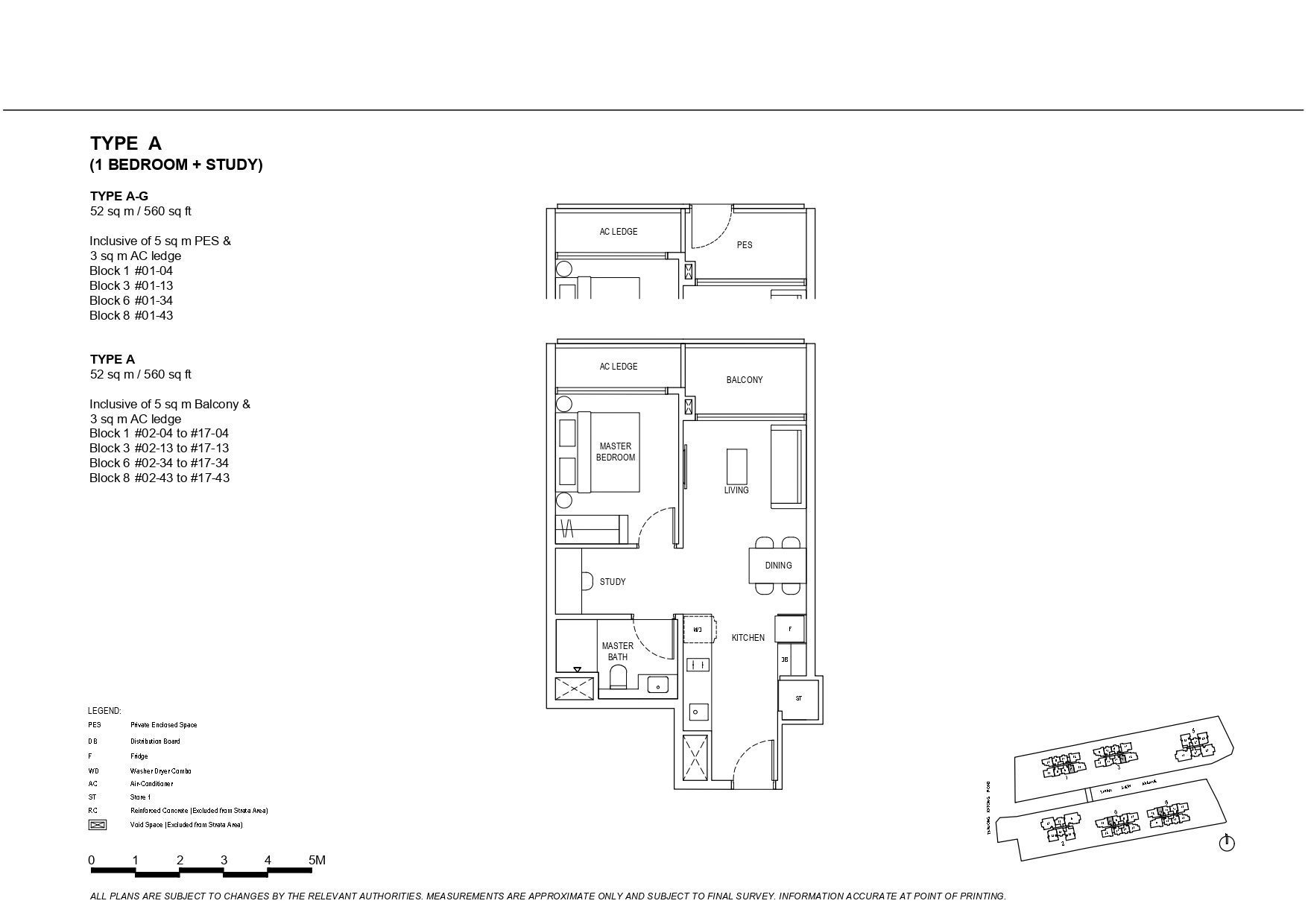 The Continuum Type A 1-Bedroom + Study Floor Plan with balcony and PES