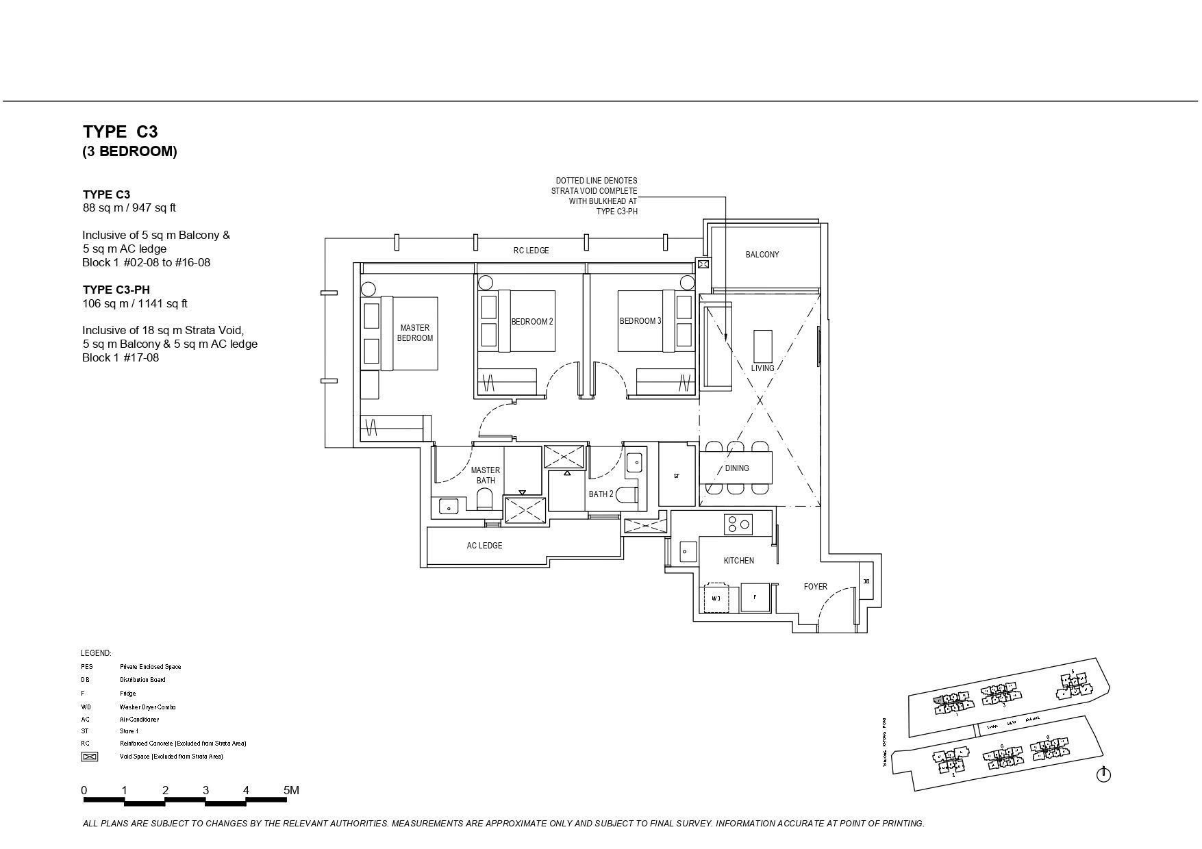 The Continuum Type C3 3-Bedroom Floor Plan with balcony and AC ledge