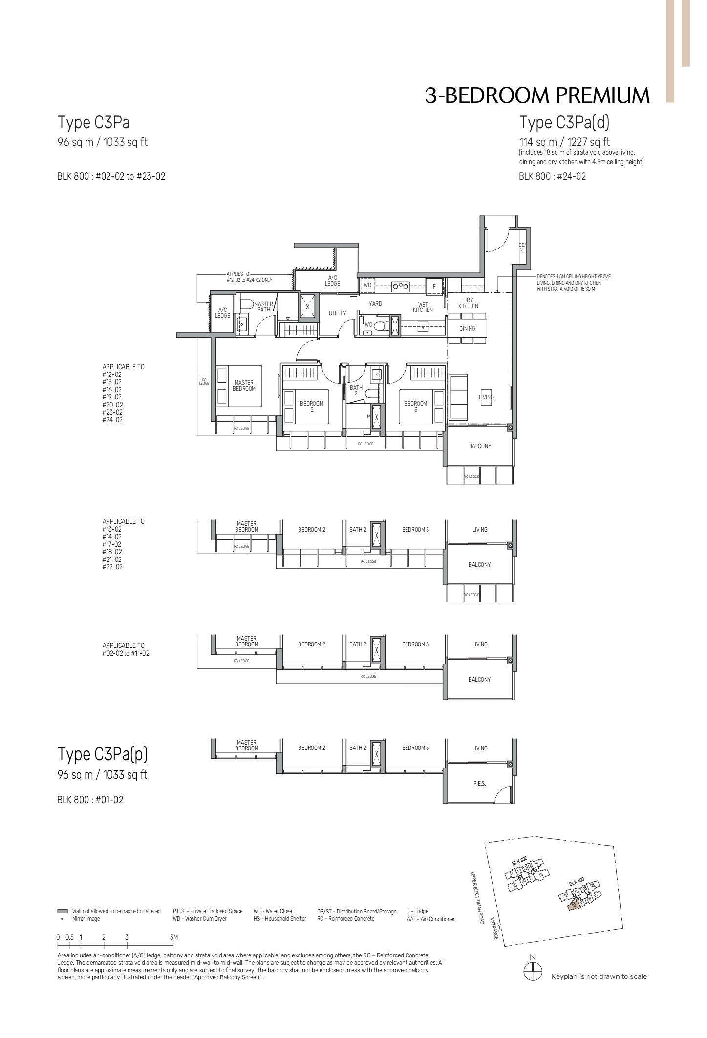 The Myst 3-Bedroom Premium Floor Plan for Type C3Pa, including PES and strata void options.