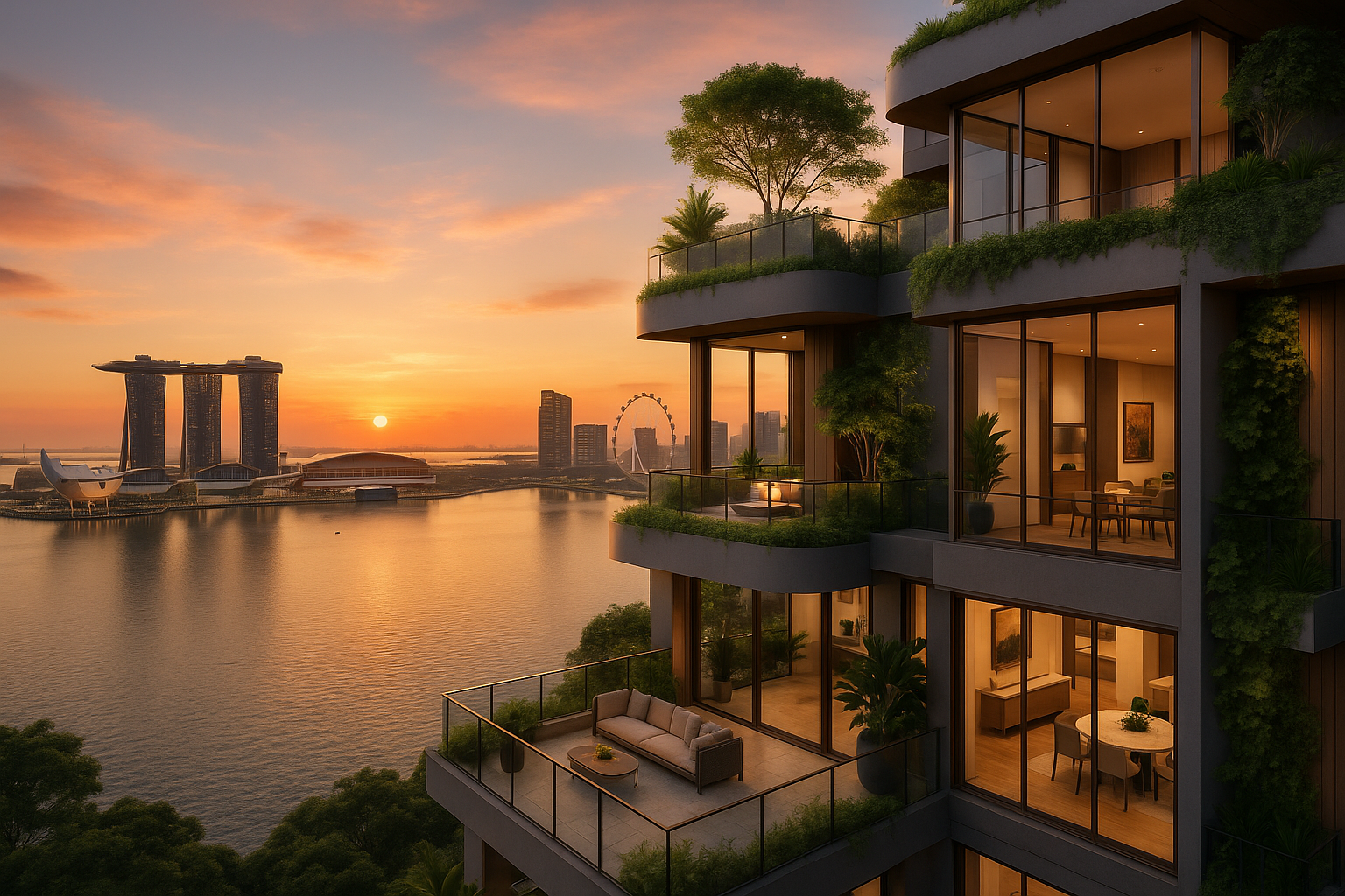 Luxury waterfront condo at Marina Bay with skyline views and lush sky terraces.